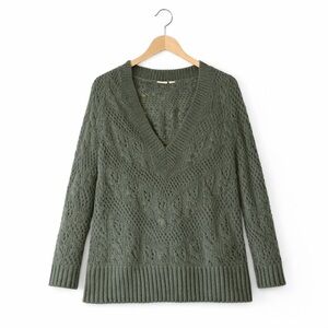 Cato Olive Green Cable Knit V-Neck Sweater | Chunky Knit Pullover | Size Medium